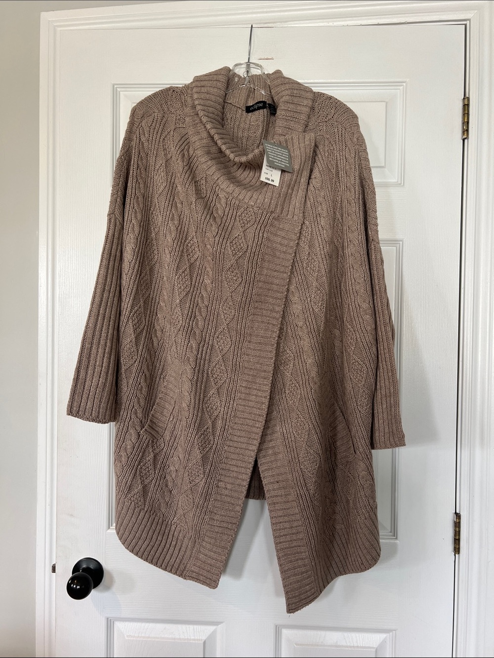 NWT- Eclipse Taupe Cable-Knit Shawl-Collar Cardigan